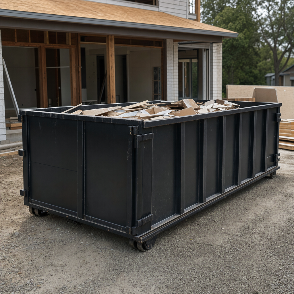 Large matte-black 30-yard construction roll-off dumpster at an active Ponchatoula jobsite, steel-gray top rails and bottom rollers visible, loaded with construction debris.