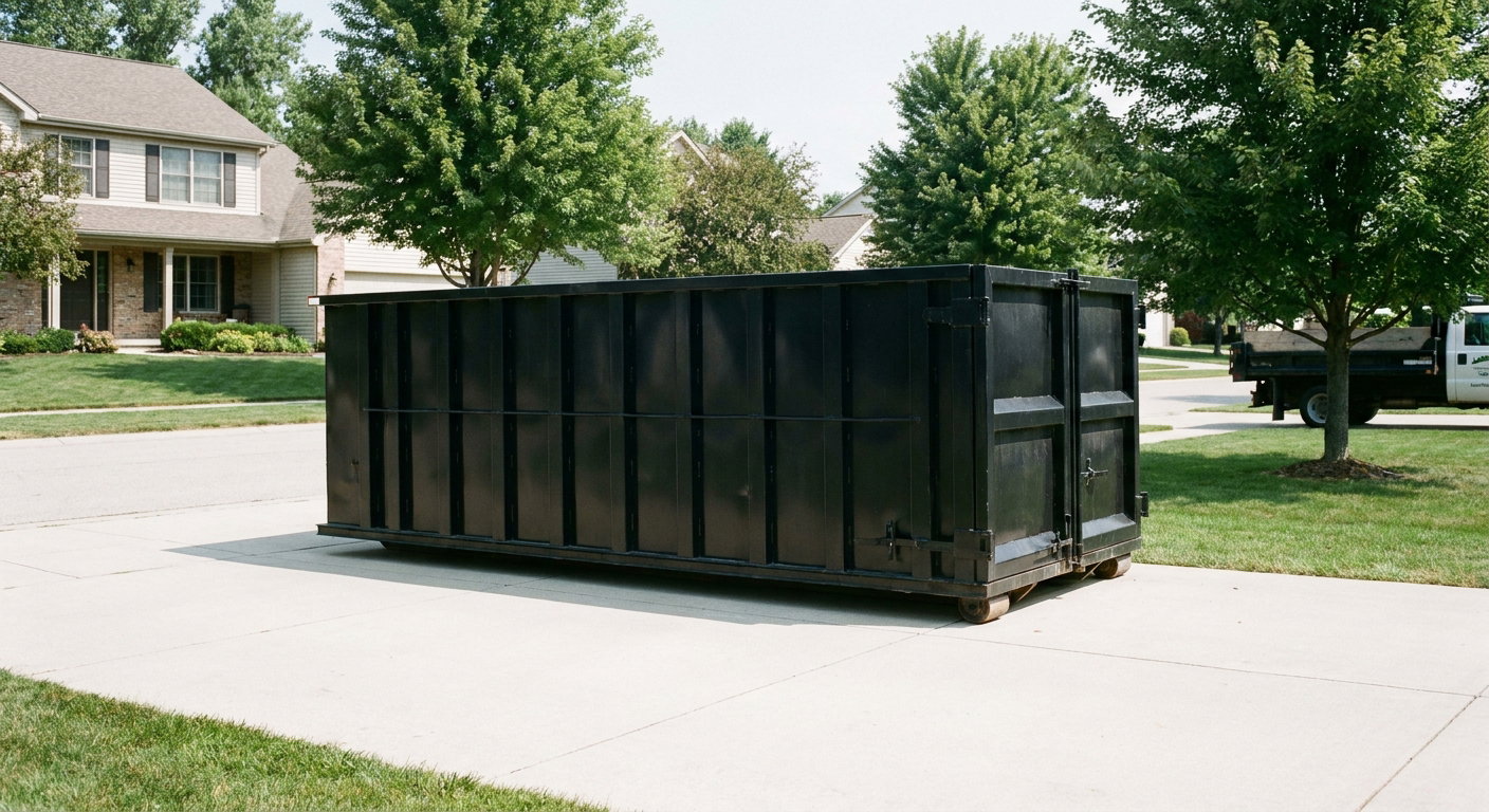 Matte-black 20-yard roll-off dumpster sitting level on a clean Ponchatoula residential concrete driveway under bright daylight, demonstrating clean placement directly on the concrete.