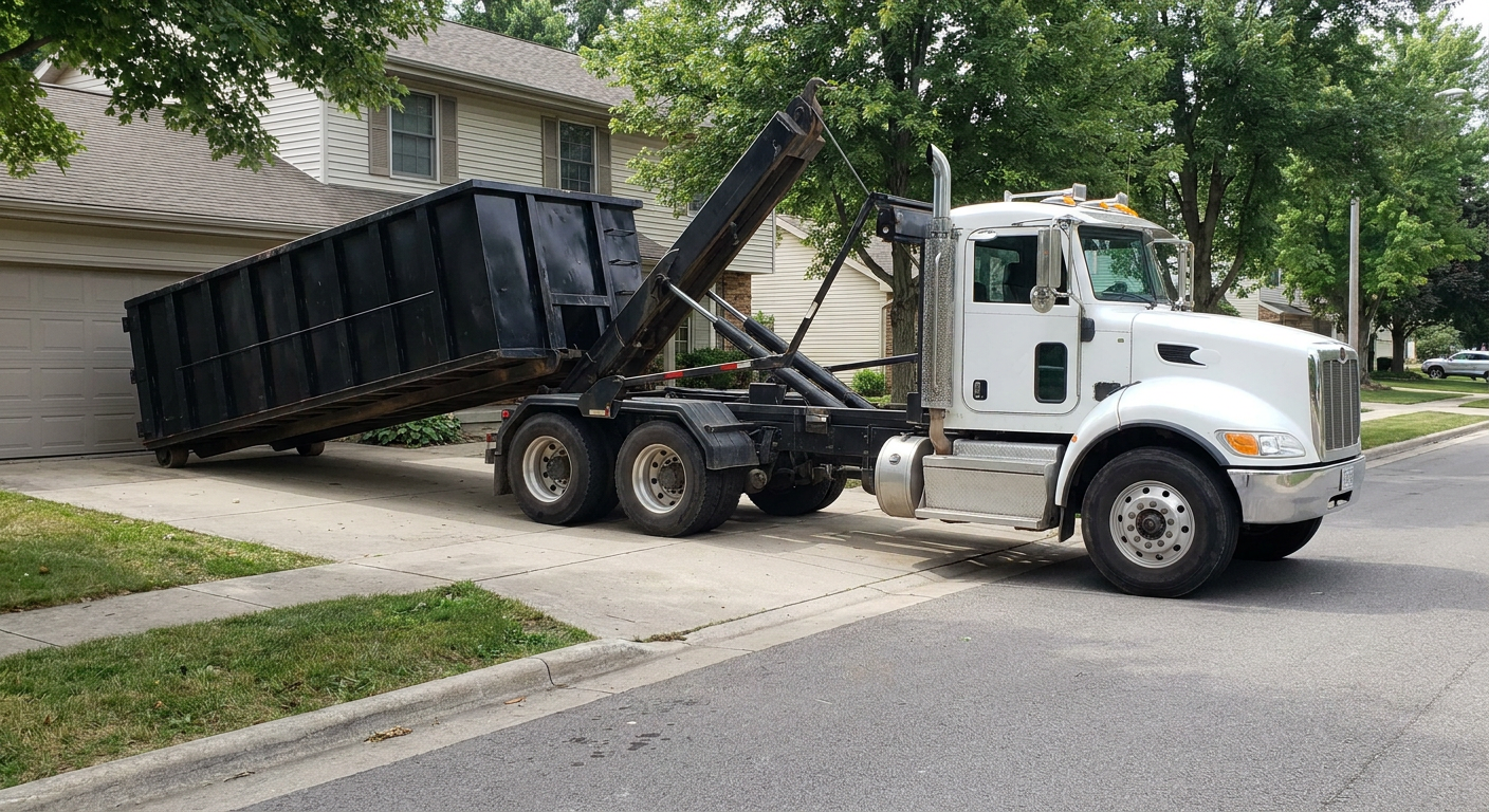 White-cab hooklift roll-off truck actively lowering a matte-black dumpster onto a Ponchatoula residential concrete driveway, the dumpster's rear wheels touching the driveway as the hoist arm tilts the bed forward, mid-morning daylight.