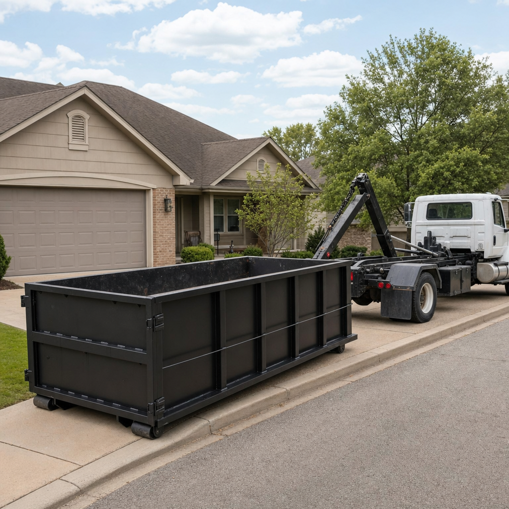 Wide documentary shot of a matte-black roll-off dumpster on a Ponchatoula residential driveway in the foreground and a contractor jobsite container in the soft-focus background, bright daylight, calm and orderly composition.