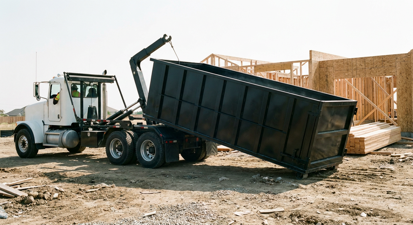 Matte-black roll-off dumpster being delivered onto a clean residential concrete driveway in Ponchatoula by an unmarked white hooklift hauler truck, bright morning daylight, documentary 35mm perspective.